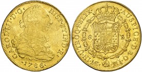 1786. Carlos III. Lima. MI. 8 escudos. (AC. 1949) (Cal.Onza 712). 26,86 g. Leves hojitas. Parte de brillo original. MBC+.