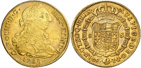 1788. Carlos III. Lima. IJ. 8 escudos. (AC. 1953) (Cal.Onza 716). 26,93 g. Mínimas hojitas. Preciosa pátina. MBC+/EBC-.