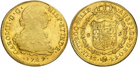 1789. Carlos III. Lima. IJ. 8 escudos. (AC. 1954) (Cal.Onza 718). 26,92 g. Acuñación póstuma. Leves golpecitos. Gran parte de brillo original. Escasa....