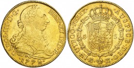 1772. Carlos III. Madrid. PJ. 8 escudos. (AC. 1956) (Cal.Onza 720 var). 26,86 g. Primer año de busto propio. Sin punto entre los ensayadores. Rayitas....