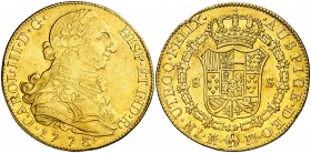 1773. Carlos III. Madrid. PJ. 8 escudos. (AC. 1958) (Cal.Onza 722 var). 27 g. Con punto entre los ensayadores. Golpecitos. Parte de brillo original. E...