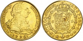 1776. Carlos III. Madrid. PJ. 8 escudos. (AC. 1962) (Cal.Onza 727). 26,94 g. Bonito color. Escasa. MBC/MBC+.