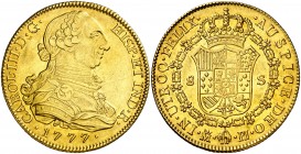 1777. Carlos III. Madrid. PJ. 8 escudos. (AC. 1964) (Cal.Onza 729). 26,94 g. Leves marquitas. Bella. Brillo original. Rara así. EBC+.