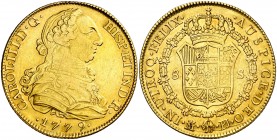 1779. Carlos III. Madrid. PJ. 8 escudos. (AC. 1966) (Cal.Onza 731). 26,93 g. Rayitas. Bonito color. Escasa. MBC+.