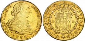 1783/73. Carlos III. Madrid. JD/PJ. 8 escudos. (AC. 1967) (Cal.Onza 732). 26,96 g. Mínimas rayitas. Precioso color. EBC+.