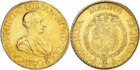 1760.. Carlos III. México. MM. 8 escudos. (AC. 1977) (Cal.Onza 740). 26,99 g. Primer busto. Toisón a la derecha de la fecha. Sirvió como joya. Muy rar...