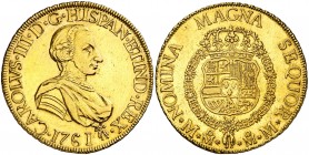 1761/0. Carlos III. México. MM. 8 escudos. (AC. 1978) (Cal.Onza 741). 27 g. Primer busto. Toisón a la derecha de la fecha. Limpiada. Ex Áureo 19/12/20...