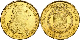 1762. Carlos III. México. MM. 8 escudos. (AC. 1981) (Cal.Onza 744). 27 g. Tipo "cara de rata". Buen ejemplar. Muy rara. MBC+/EBC-.