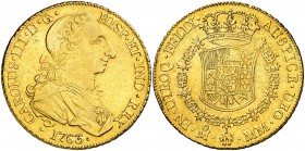 1763. Carlos III. México. MM. 8 escudos. (AC. 1982) (Cal.Onza 745). 26,95 g. Tipo "cara de rata". Golpecito en canto. Bonito color. Rara. MBC/MBC+.