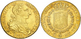 1765/4. Carlos III. México. MF. 8 escudos. (AC. 1987) (Cal.Onza 750). 27 g. Tipo "cara de rata". Leves marquitas. Parte de brillo original. Muy rara. ...