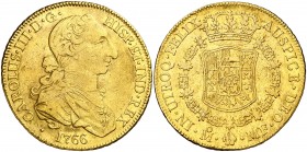 1766. Carlos III. México. MF. 8 escudos. (AC. 1990) (Cal.Onza 752). 26,85 g. Tipo "cara de rata". Sirvió como joya. Rara, sólo hemos tenido tres ejemp...