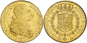 1767. Carlos III. México. MF. 8 escudos. (AC. 1992) (Cal.Onza 753). 26,97 g. Tipo "cara de rata". Rayita. Parte de brillo original. Rara, sólo hemos t...