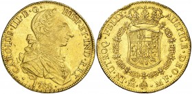 1768. Carlos III. México. MF. 8 escudos. (AC. 1994) (Cal.Onza 754). 27 g. Tipo "cara de rata". Golpes en canto. Parte de brillo original. Rara. (MBC+/...