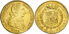 1769. Carlos III. México. MF. 8 escudos. (AC. 1995) (Cal.Onza 756). 26,94 g. Tipo "cara de rata". Sirvió como joya. Rara, sólo hemos tenido cinco ejem...