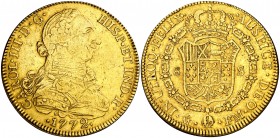 1772. Carlos III. México. FM. 8 escudos. (AC. 1998) (Cal.Onza 759). 26,27 g. Primer año de busto propio. Con punto delante de AUSPICE. Golpecitos. MBC...