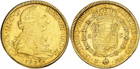 1773. Carlos III. México. FM. 8 escudos. (AC. 2001) (Cal.Onza 761). 26,94 g. Ceca y ensayadores invertidos. Golpecito. Bonita pátina. MBC-/MBC+.