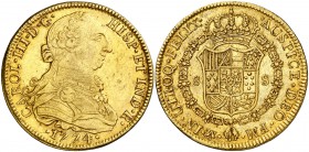 1774. Carlos III. México. FM. 8 escudos. (AC. 2002) (Cal.Onza 763). 26,99 g. Ceca y ensayadores invertidos. Leves golpecitos. Parte de brillo original...