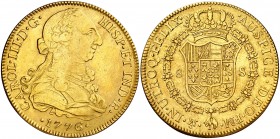 1776. Carlos III. México. FM. 8 escudos. (AC. 2004) (Cal.Onza 766). 26,46 g. Ceca y ensayadores invertidos. Acuñación floja. Parte de brillo original....