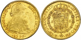 1777/6. Carlos III. México. FM. 8 escudos. (AC. 2005) (Cal.Onza 767). 26,96 g. Ceca y ensayadores invertidos. Bonito color. MBC/MBC+.