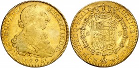 1778. Carlos III. México. FF. 8 escudos. (AC. 2007) (Cal.Onza 769). 26,95 g. Ceca y ensayadores invertidos. Sin punto entre los ensayadores. Leves ray...