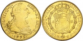 1779. Carlos III. México. FF. 8 escudos. (AC. 2008) (Cal.Onza 772). 26,96 g. Ceca y ensayadores invertidos. Sin punto entre los ensayadores. Sirvió co...