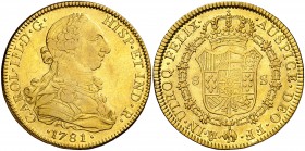 1781. Carlos III. México. FF. 8 escudos. (AC. 2012) (Cal.Onza 776). 26,89 g. Ceca y ensayadores invertidos. Golpecitos. Parte de brillo original. MBC/...