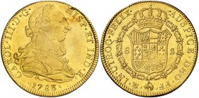 1783. Carlos III. México. FF. 8 escudos. (AC. 2014) (Cal.Onza 778). 26,99 g. Ceca y ensayadores invertidos. Pequeña hojita en anverso. Parte de brillo...