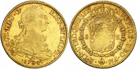 1784. Carlos III. México. FM. 8 escudos. (AC. 2018) (Cal.Onza 782). 26,99 g. Ceca y ensayadores invertidos. Leves marquitas. Bonito color. MBC+.