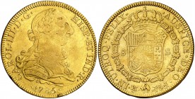 1785/3. Carlos III. México. FM. 8 escudos. (AC. 2019) (Cal.Onza 783). 26,91 g. Ceca y ensayadores invertidos. Golpecitos. MBC-/MBC.