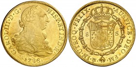 1786. Carlos III. México. FM. 8 escudos. (AC. 2021) (Cal.Onza 785). 27 g. Ceca y ensayadores invertidos. Bella. Brillo original. Escasa así. EBC/EBC+....