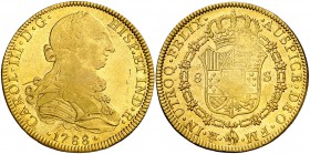 1788/7. Carlos III. México. FM. 8 escudos. (AC. 2023) (Cal.Onza 787). 27,01 g. Ceca y ensayadores invertidos. Golpecito y rayita. Parte de brillo orig...