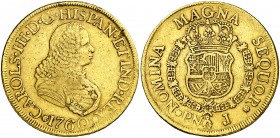 1760. Carlos III. Popayán. J. 8 escudos. (AC. 2025) (Cal.Onza 789) (Restrepo 70-1). 26,78 g. Busto de Fernando VI. Golpecitos. Rara. MBC-/MBC.