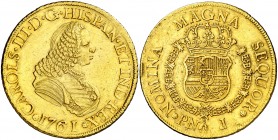 1761. Carlos III. Popayán. J. 8 escudos. (AC. 2027) (Cal.Onza 791) (Restrepo 70-4). 26,88 g. Busto de Fernando VI. Golpecitos. Bonito color. Rara. MBC...