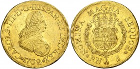 1762. Carlos III. Popayán. J. 8 escudos. (AC. 2028) (Cal.Onza 792) (Restrepo 70-5). 26,87 g. Busto de Fernando VI. Golpecitos en canto. Parte de brill...