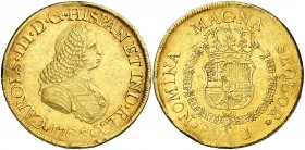 1763/2. Carlos III. Popayán. J. 8 escudos. (AC. 2029) (Cal.Onza 793) (Restrepo 70-6). 26,86 g. Busto de Fernando VI. La onza más rara de este tipo y f...