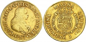 1767. Carlos III. Popayán. J. 8 escudos. (AC. 2031) (Cal.Onza 794) (Restrepo 70-9). 26,76 g. Busto de Fernando VI. Golpecitos. Bonito color. Rara. MBC...