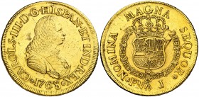 1768/7. Carlos III. Popayán. J. 8 escudos. (AC. 2032) (Cal.Onza 795) (Restrepo 70-11). 26,95 g. Busto de Fernando VI. Perforación reparada. Rara, sólo...