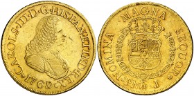 1769/7. Carlos III. Popayán. J. 8 escudos. (AC. 2033) (Cal.Onza 796) (Restrepo 70-13). 26,94 g. Busto de Fernando VI. Golpecitos y rayita. Precioso co...