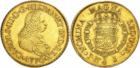 1770. Carlos III. Popayán. J. 8 escudos. (AC. 2035) (Cal.Onza 797) (Restrepo 70-20). 27 g. Busto de Fernando VI. Rara. MBC.