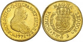 1771. Carlos III. Popayán. J. 8 escudos. (AC. 2036) (Cal.Onza 798) (Restrepo 70-22). 26,93 g. Busto de Fernando VI. Parte de brillo original. Rara. MB...