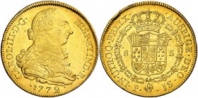 1772. Carlos III. Popayán. JS. 8 escudos. (AC. 2037) (Cal.Onza 799) (Restrepo 73-4). 26,96 g. Primer año de busto propio. Rayitas. Golpecito en canto....