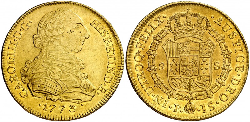 1773/2. Carlos III. Popayán. JS. 8 escudos. (AC. 2038) (Cal.Onza 800 var) (Restr...