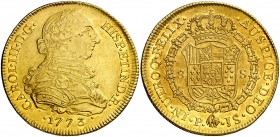 1773/2. Carlos III. Popayán. JS. 8 escudos. (AC. 2038) (Cal.Onza 800 var) (Restrepo 73-6). 27 g. Mínimas marquitas. Bella. Brillo original. Escasa así...