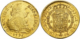 1775. Carlos III. Popayán. JS. 8 escudos. (AC. 2042) (Cal.Onza 805 var) (Restrepo 73-14). 26,93 g. Con punto entre los ensayadores. Golpecitos. Parte ...