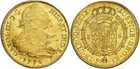 1776. Carlos III. Popayán. JS. 8 escudos. (AC. 2043) (Cal.Onza 806) (Restrepo 73-16). 27 g. Leves hojitas en anverso. Brillo original. Rara y más así....