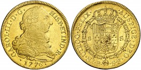 1776. Carlos III. Popayán. SF. 8 escudos. (AC. 2044) (Cal.Onza 807 var) (Restrepo 73-18a). 27,04 g. Punto entre los ensayadores. Pequeño intento de pe...