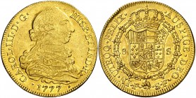 1777. Carlos III. Popayán. SF. 8 escudos. (AC. 2045) (Cal.Onza 808) (Restrepo 73-20). 27 g. Leves marquitas. Parte de brillo original. MBC+/EBC-.