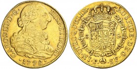 1778. Carlos III. Popayán. SF. 8 escudos. (AC. 2046) (Cal.Onza 810) (Restrepo 73-22). 26,37 g. Sin punto entre los ensayadores. MBC.