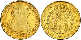 1779. Carlos III. Popayán. SF. 8 escudos. (AC. 2047) (Cal.Onza 812) (Restrepo 73-24). 26,93 g. Sin punto entre los ensayadores. Golpecitos. Bonito col...