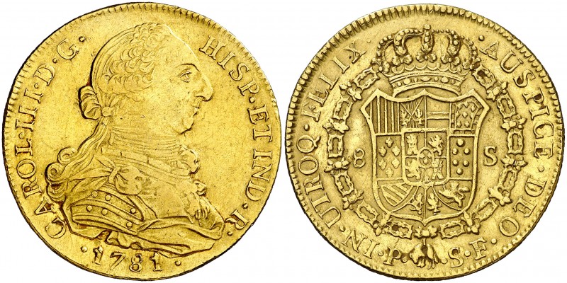 1781. Carlos III. Popayán. SF. 8 escudos. (AC. 2049) (Cal.Onza 815) (Restrepo 73...